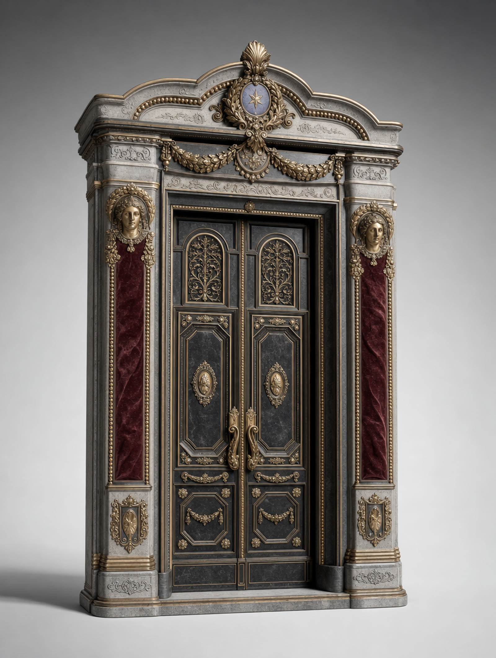 GPT Image 2 output for the subject a doorway: an ornate stone doorway with black lacquer doors, gilt garlands, oxblood velvet panels and a periwinkle cartouche, on a grey studio sweep